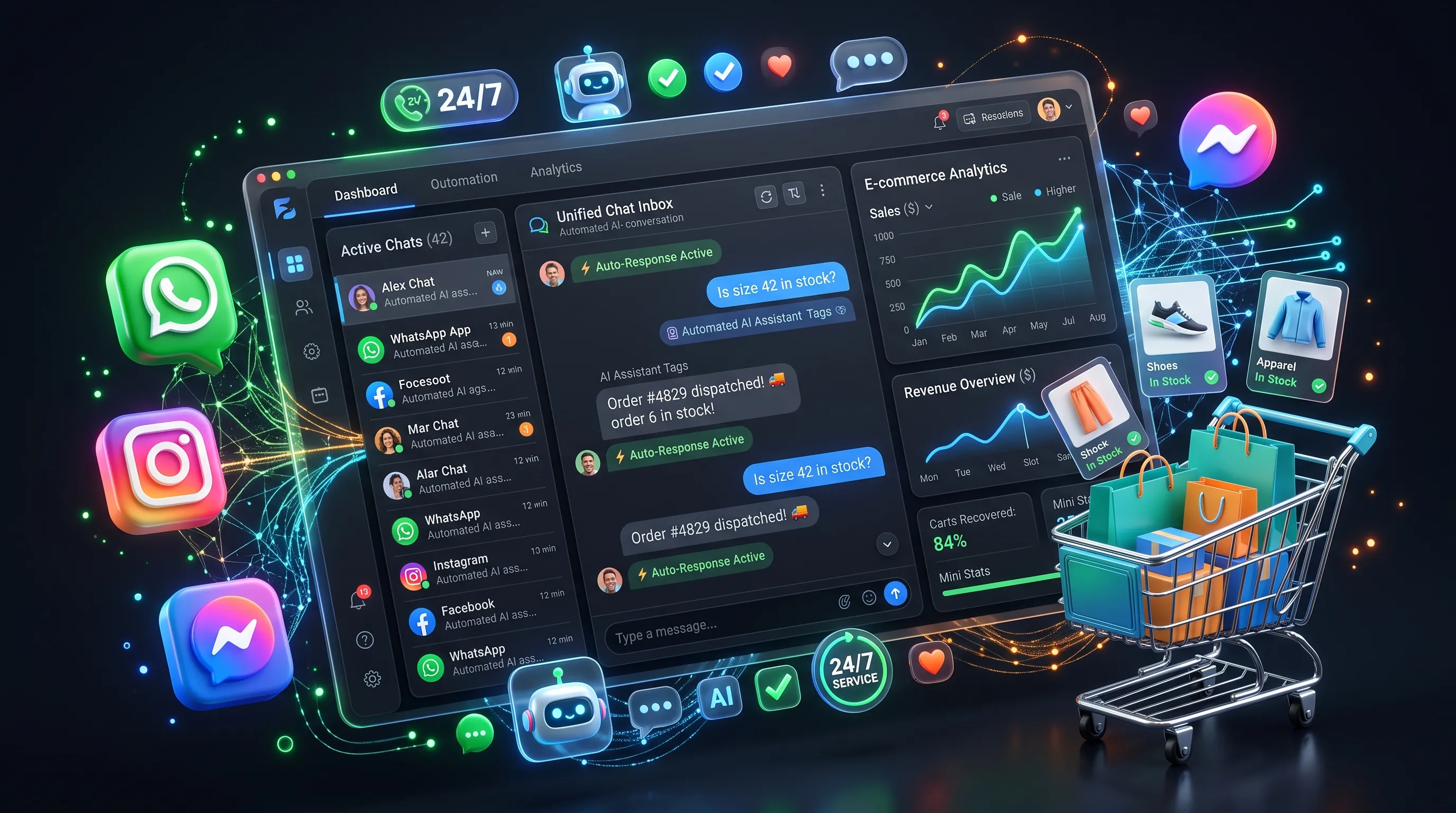 Zentraler Posteingang von Raabt AI mit WhatsApp-, Instagram- und Messenger-Chats für einen Onlineshop